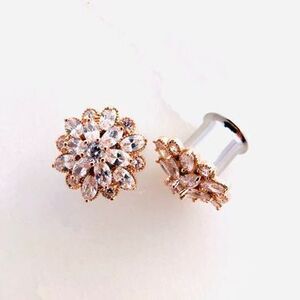 Rose Gold Cubic Zirconia Flower Plugs: Bridal Gauges (8mm)
